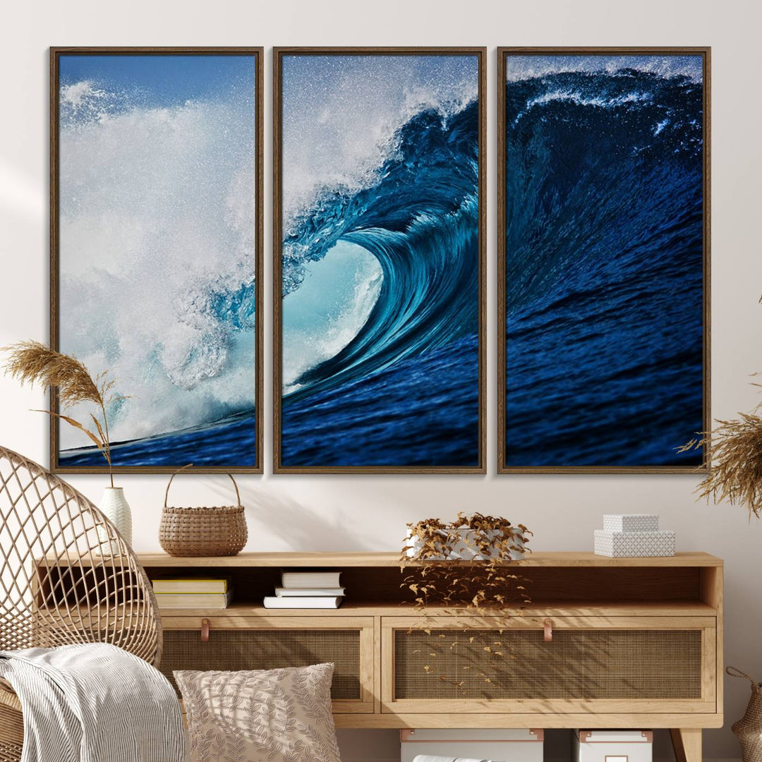 Ocean Wave at Sunset Canvas: A vibrant coastal art piece perfect for modern minimalist decor.