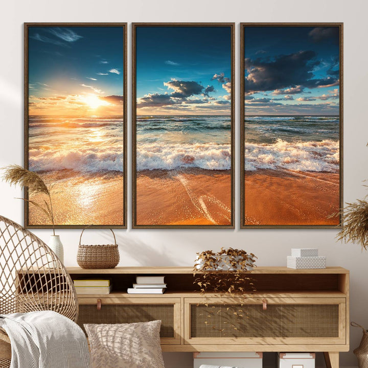 A Golden Sunset Beach Triptych Canvas Art hangs on a white wall.