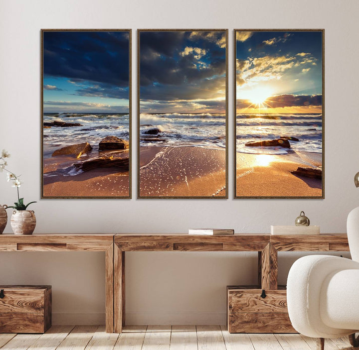 The Golden Hour Beach Sunset triptych adorns the wall with its captivating imagery.