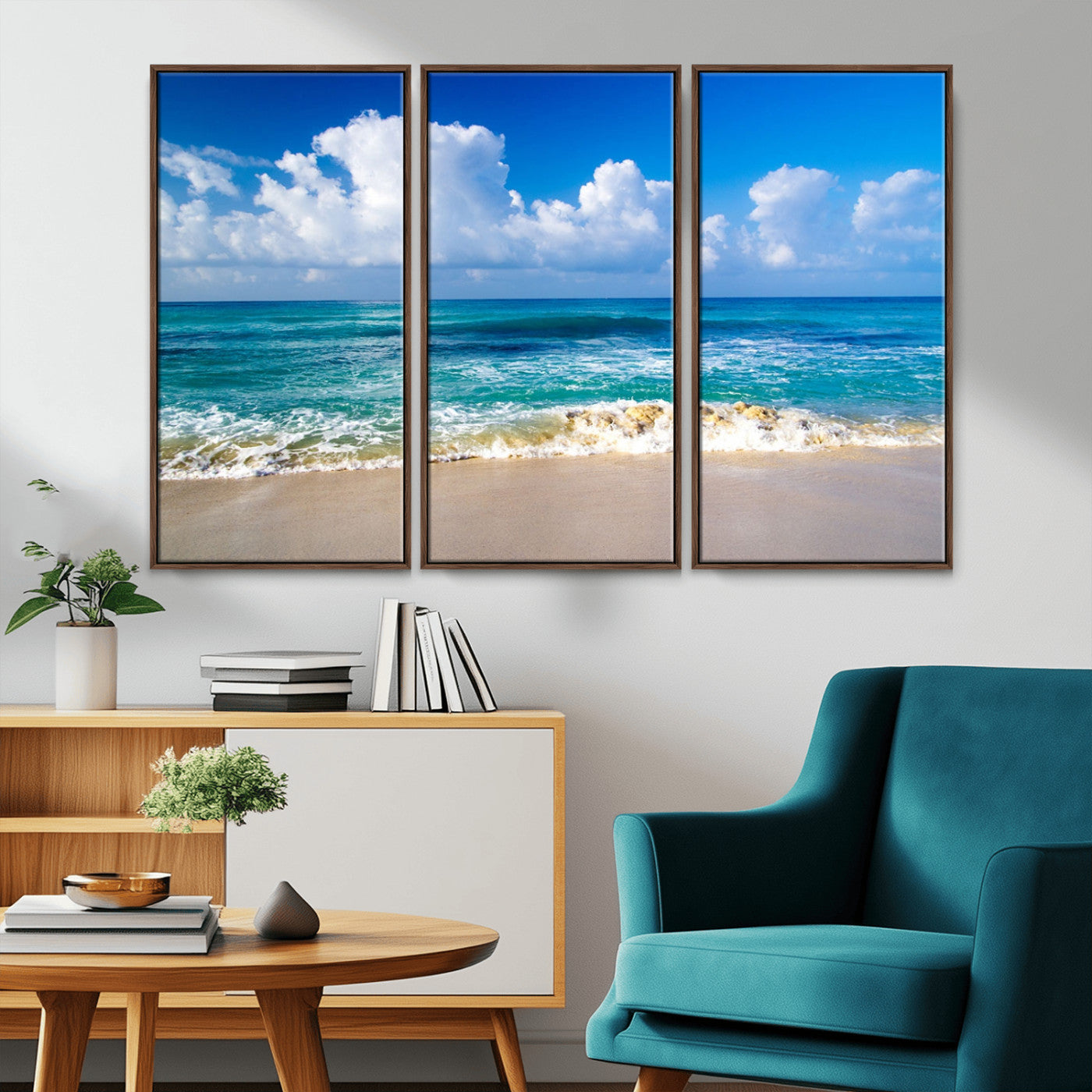 MGV-FC-48X32-3P - Tropical Beach 3-Panel Canvas Wall Art – Serene Ocean Waves and Blue Sky – Giclée Print for Living Room, Office, or Bedroom Coastal Decor