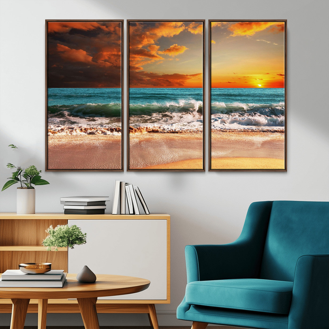 MGV-FC-48X32-3P - Golden Sunset Beach Canvas Wall Art – Triptych Seascape Print – Framed and Ready to Hang for Living Room or Office