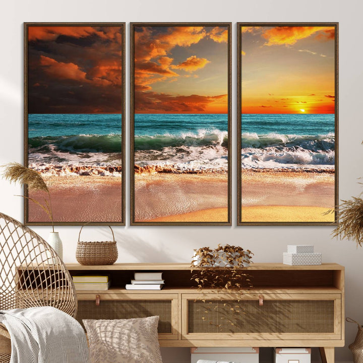 A Golden Sunset Beach triptych seascape canvas hangs on the wall.