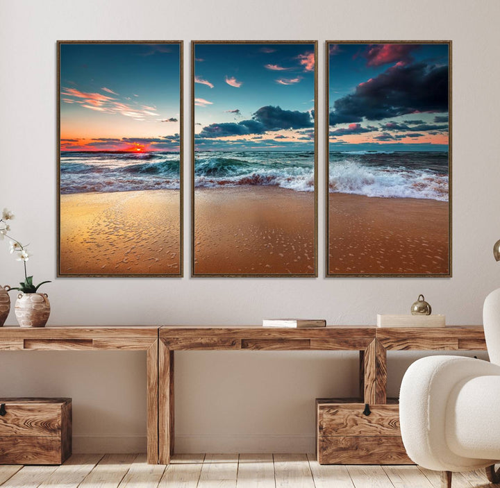 Sunset on Beach Wall Art: Waves under a vibrant sky. Crafted on museum-quality canvas, ready to hang and admire.