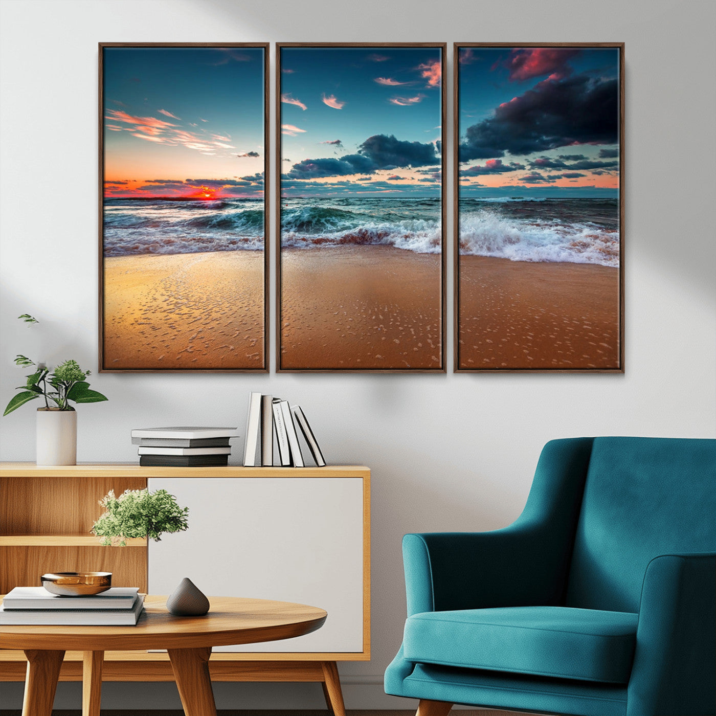 MGV-FC-48X32-3P - Sunset Ocean Beach Wall Art – Giclee Canvas Print, Coastal Seascape, Ready to Hang, Beach Decor, Large 3-Panel Set for Living Room