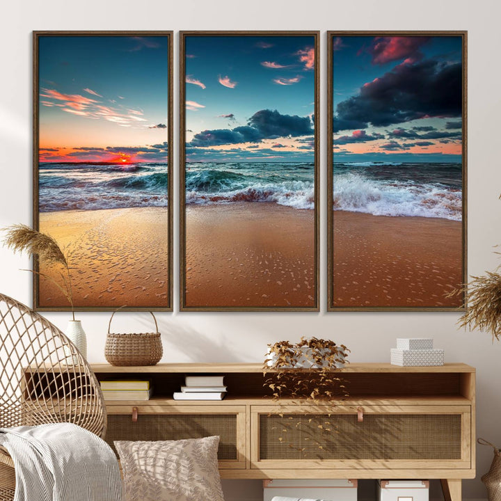 A large 3-panel sunset ocean beach canvas is displayed above the counter.