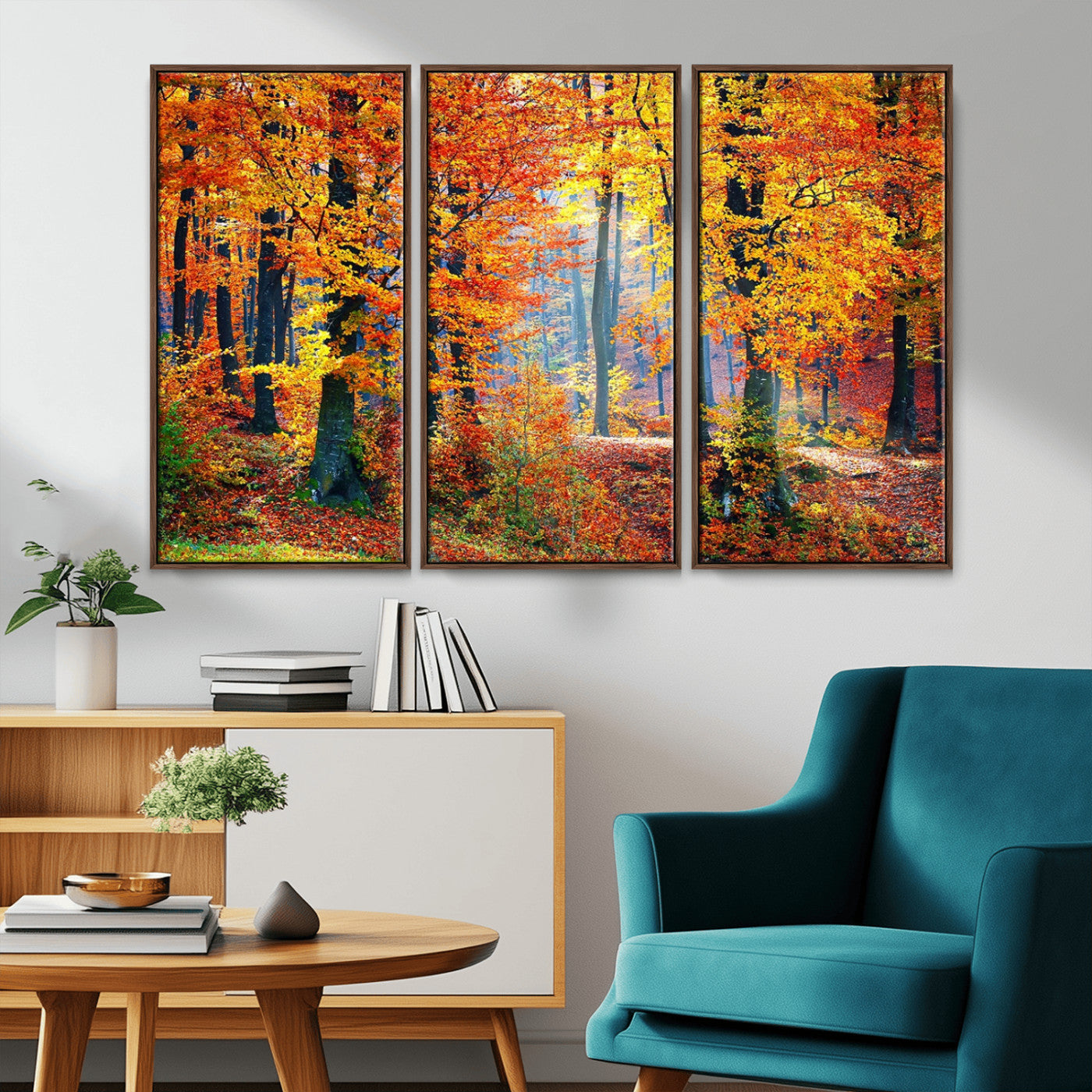 MGV-FC-48X32-3P - Autumn Red Forest Triptych Canvas Wall Art Print, Forest Wall Decor, Fall Landscape Art | Season Nature Landscape for Home or Office