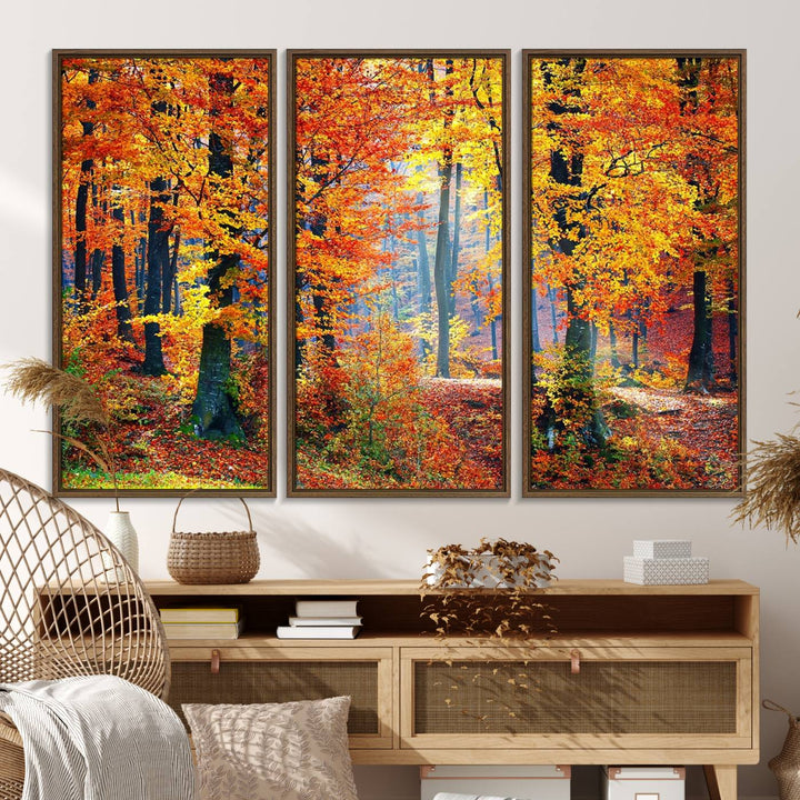 The room features an Autumn Red Forest Triptych Canvas Wall Art.