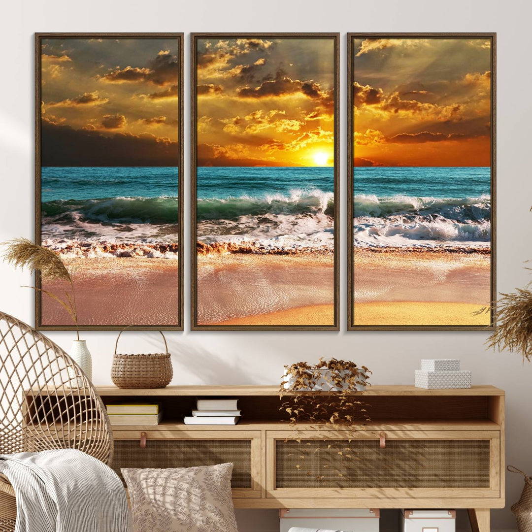 Golden Sunset Beach Canvas Triptych adorns the cozy room, creating a stunning focal point.