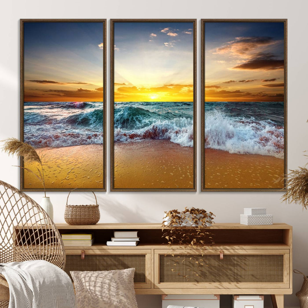 The kitchen features the Golden Sunset Ocean Waves multi-panel coastal wall art canvas.