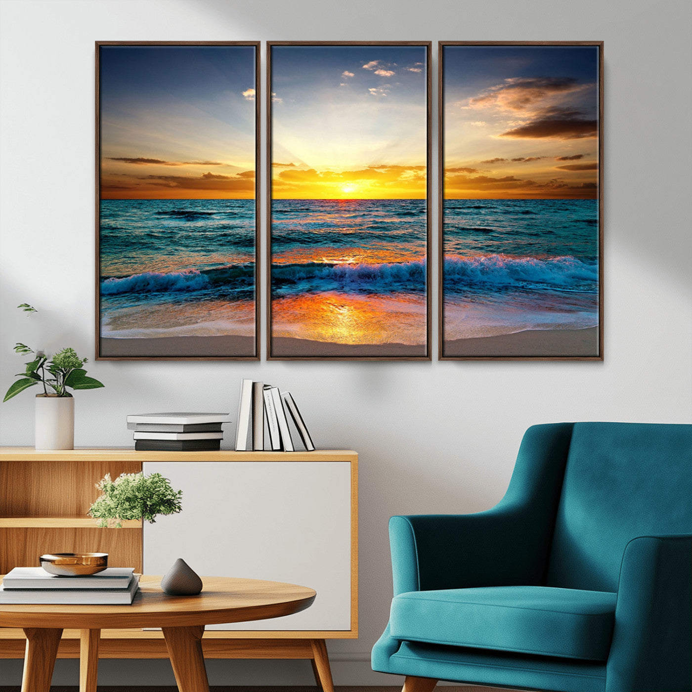 MGV-FC-48X32-3P - Vibrant Ocean Sunrise Over Golden Beach Waves, Giclee Canvas Wall Art Set, High-Quality Stretched Canvas Print, Ready to Hang Coastal Sunset Wall
