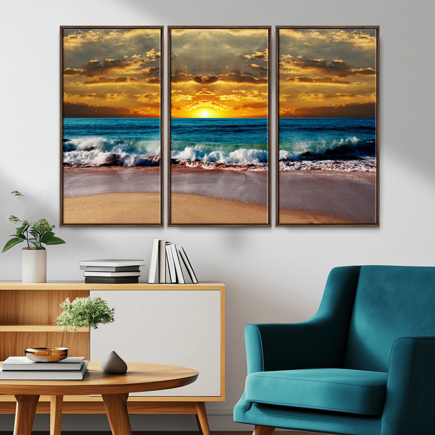 MGV-FC-48X32-3P - Ocean Sunrise Over Golden Beach Waves, Giclee Canvas Wall Art Set, High-Quality Stretched Canvas Print, Ready to Hang Coastal Sunset Wall Decor