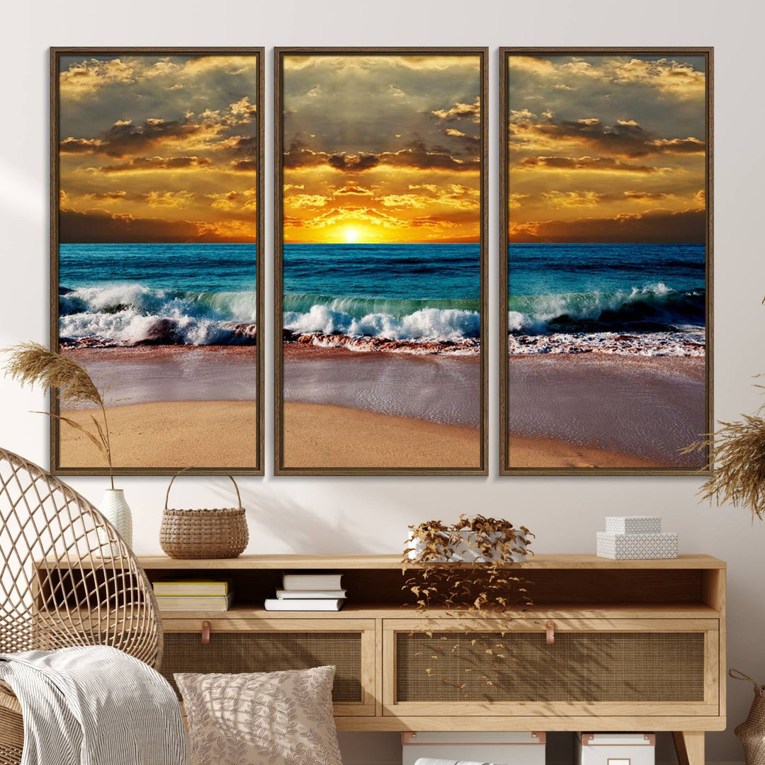 The Ocean Sunrise Over Golden Beach Waves wall art is prominently displayed, capturing the serene beauty of a beach at sunrise.