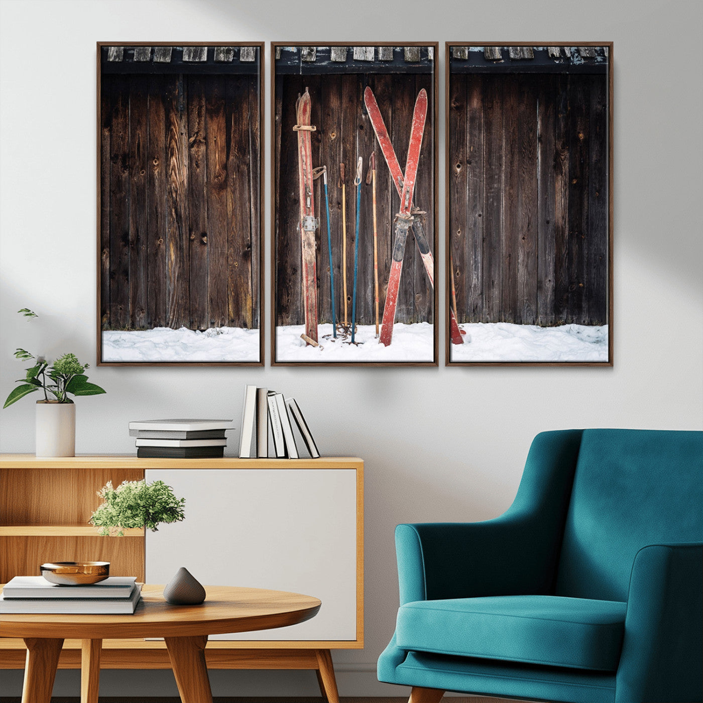 MGV-FC-48X32-3P - Vintage Ski Gear Against Wooden Cabin Wall, Rustic Winter Sports Equipment Canvas Print, Ready to Hang Wall Art, Perfect for Lodge or Ski Cabin Decor