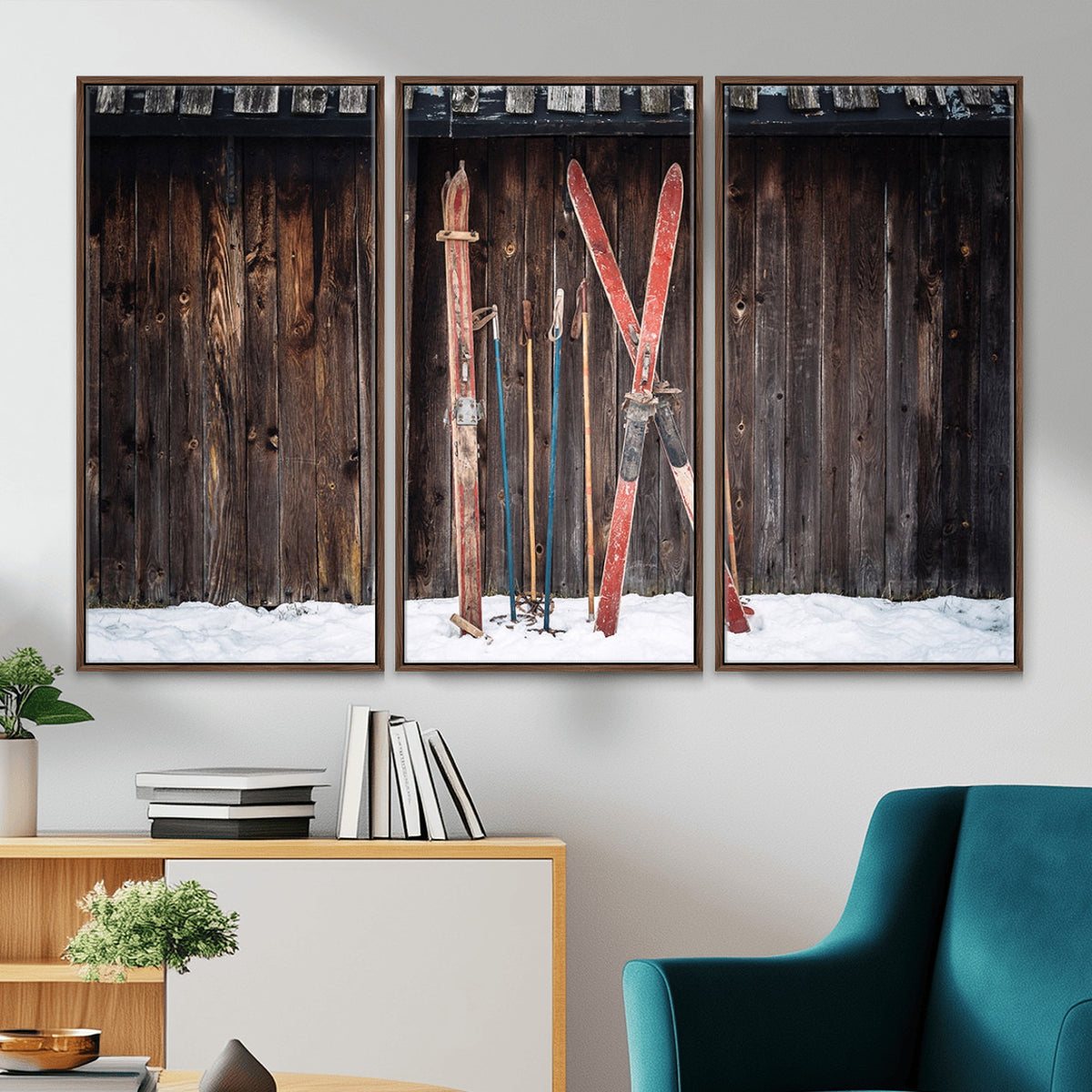 78590-MGV-CV-36X24 - Vintage Ski Gear Canvas Print, Vintage Ski Gear Against Wooden Cabin Wall