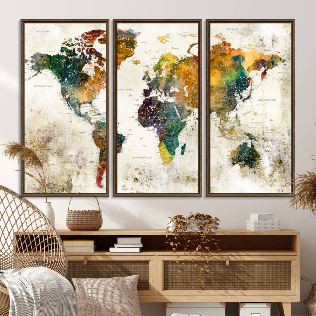 A 3-panel vintage world map canvas art is displayed.