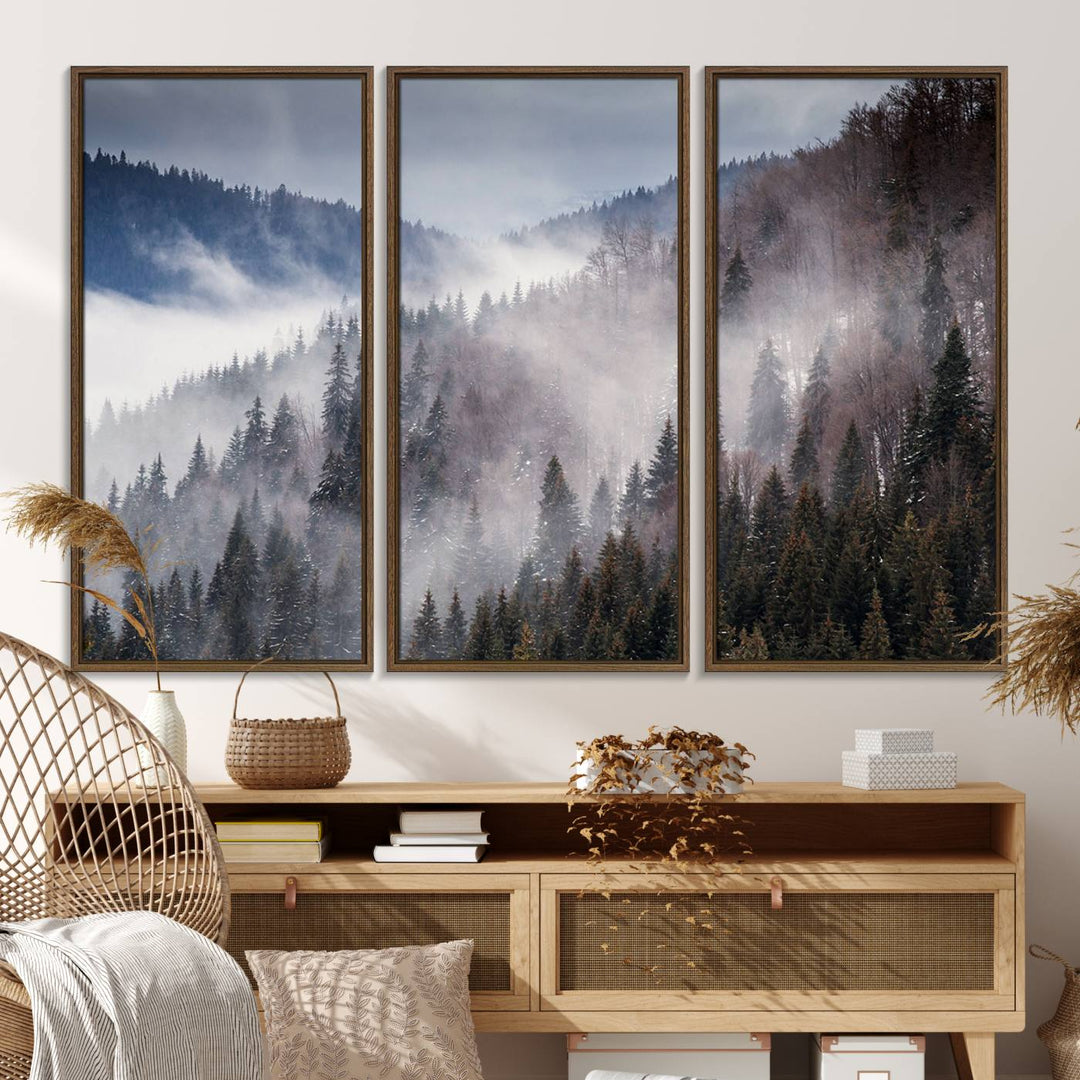 A museum-quality canvas of Beautiful Rising Fog in Winter Mountain Landscape hangs on the wall.