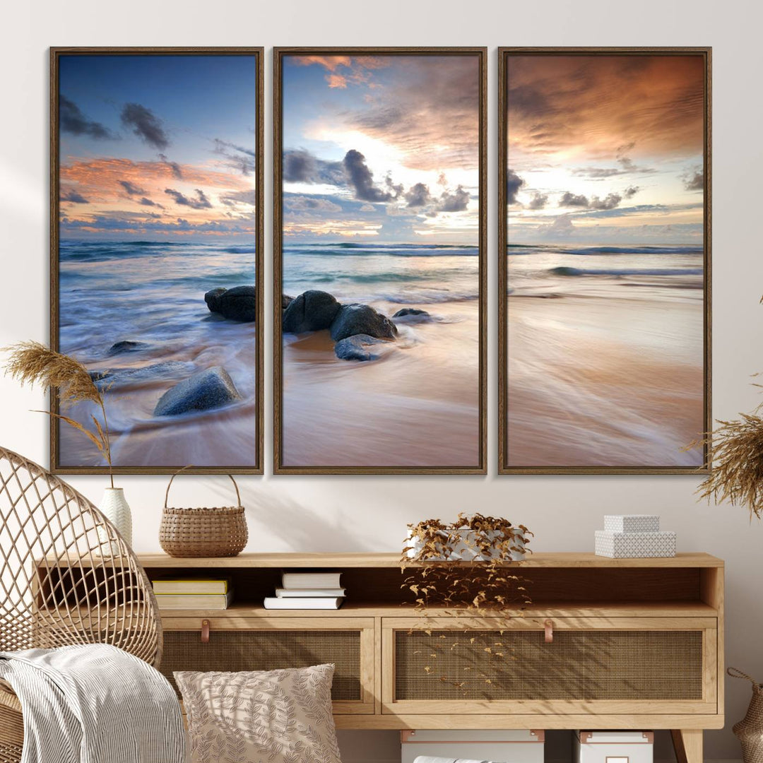 The Serene Weather On The Beach wall art canvas is ready to hang.