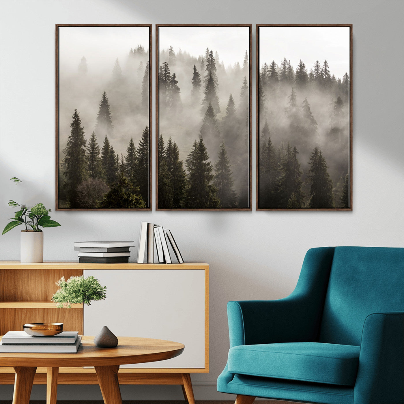 MGV-FC-48X32-3P - Foggy Mountain Wall Art | 3-Panel Foggy Forest and Mountain Landscape | Large Giclee Print for