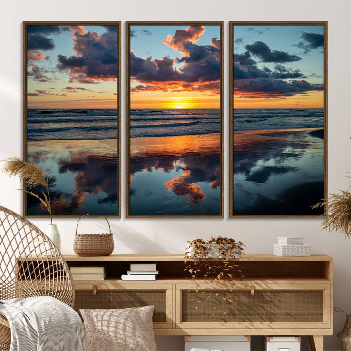 A Beach Sunset Print - Stunning Ocean Canvas Artwork adorns the wall.