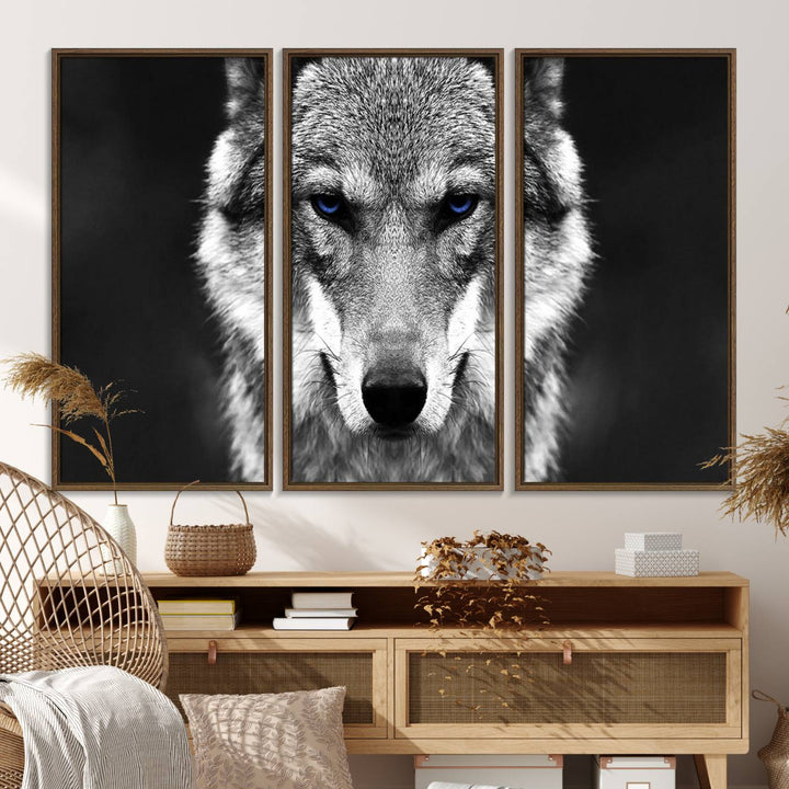 A ready-to-hang Black and White Wild Wolf Wall Art Canvas Print.