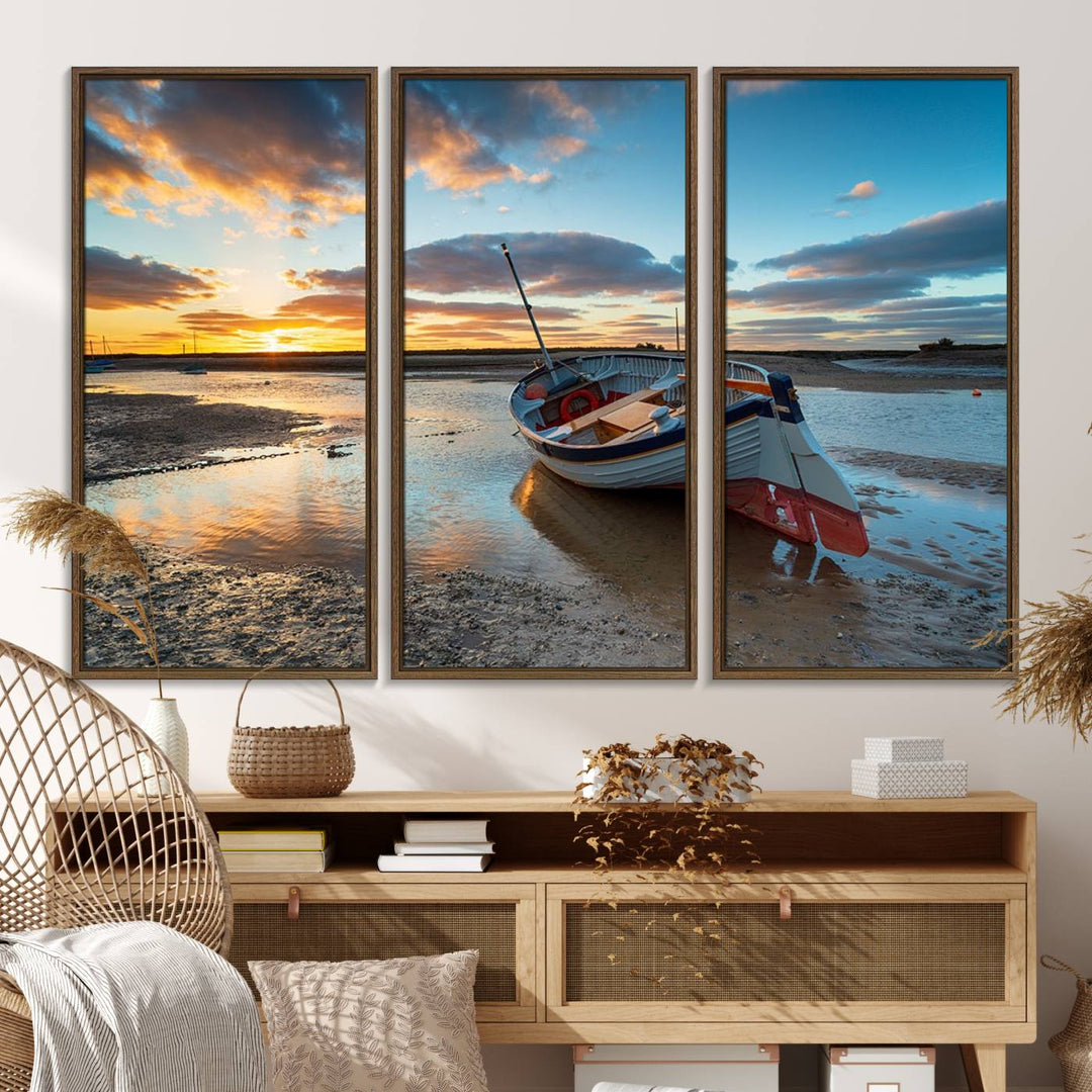 The Small Boat At The Beach Sunset wall art canvas print features UV coating, is museum-quality, and is ready to hang.