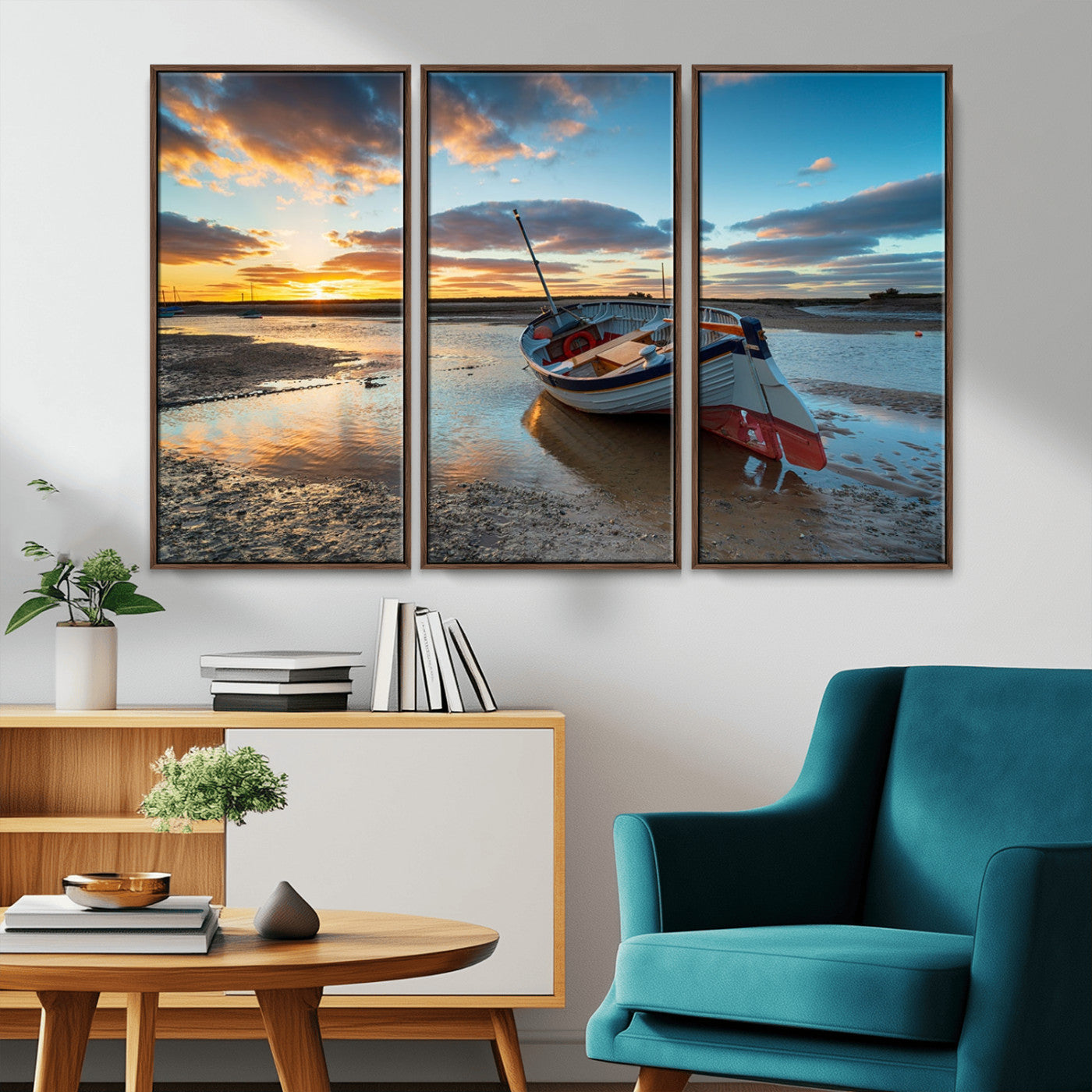 MGV-FC-48X32-3P - Small Boat At The Beach Sunset Wall Art, Boat Sunset Wall Art Canvas Print