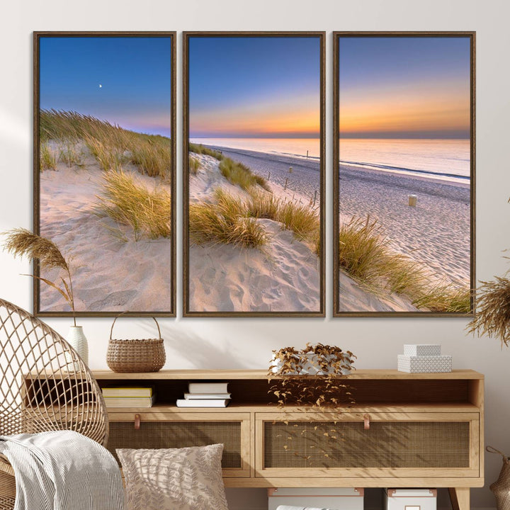 The cozy kitchen features the Sunrise On The Beach canvas art.