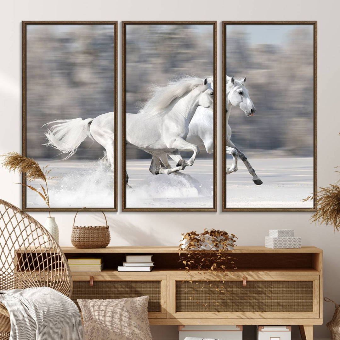 Museum-quality All The White Horses canvas print of two white horses in snow, ready to hang.