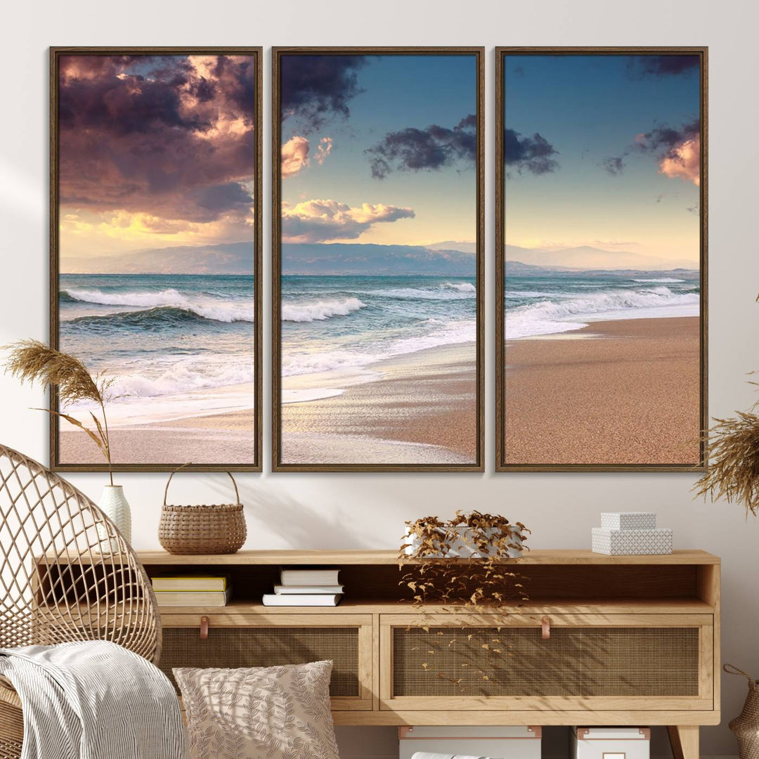 The dining area is enhanced with the Cloudy Weather Beach Sunset Canvas Print.