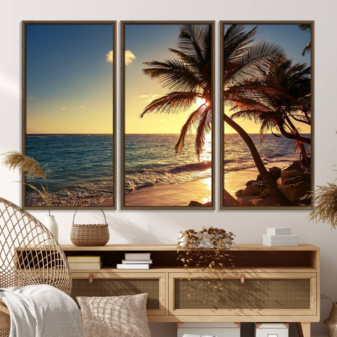 Sunset Palm Trees Wall Art Canvas Print: a serene beach scene on museum-quality canvas.