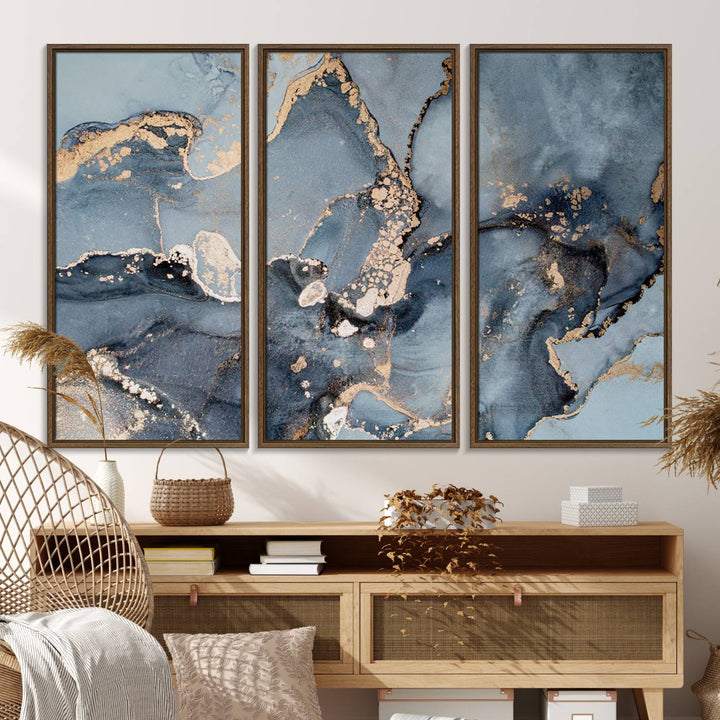 A Multipanel Marble Fluid Effect Canvas Print hangs prominently on the wall.