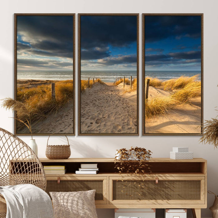 Museum-quality Ocean Beach Dark Clouds canvas print.