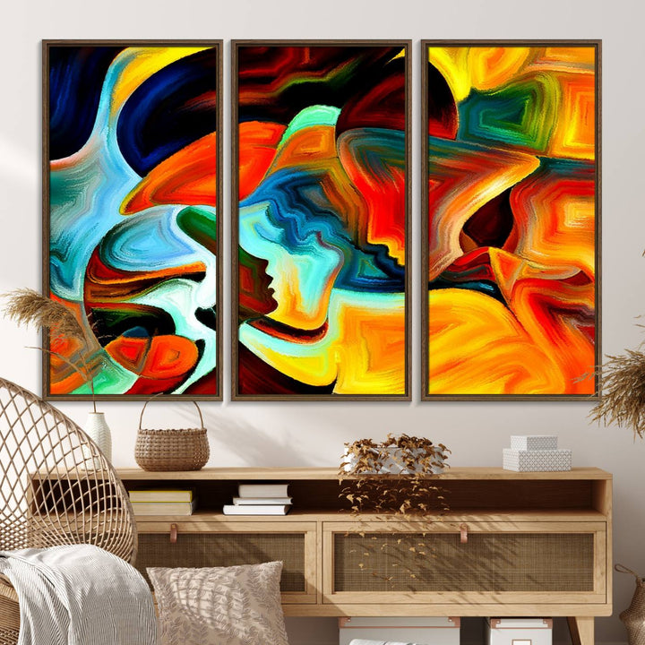 The kitchen wall features the Human Love Figures Abstract Wall Art Canvas Print.