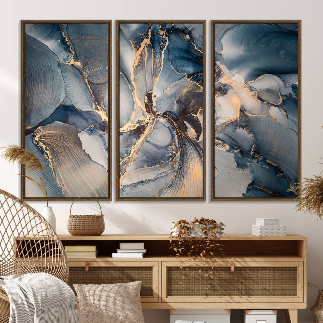 Abstract wall art canvas print is displayed prominently, adding a modern touch to the decor.