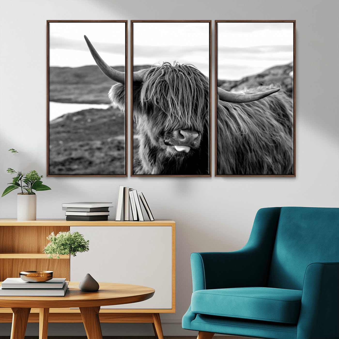 MGV-FC-48X32-3P - Highland Cow Canvas Wall Art – Black and White Animal Portrait – Framed and Ready to Hang Rustic Farmhouse Decor for Living Room or Office