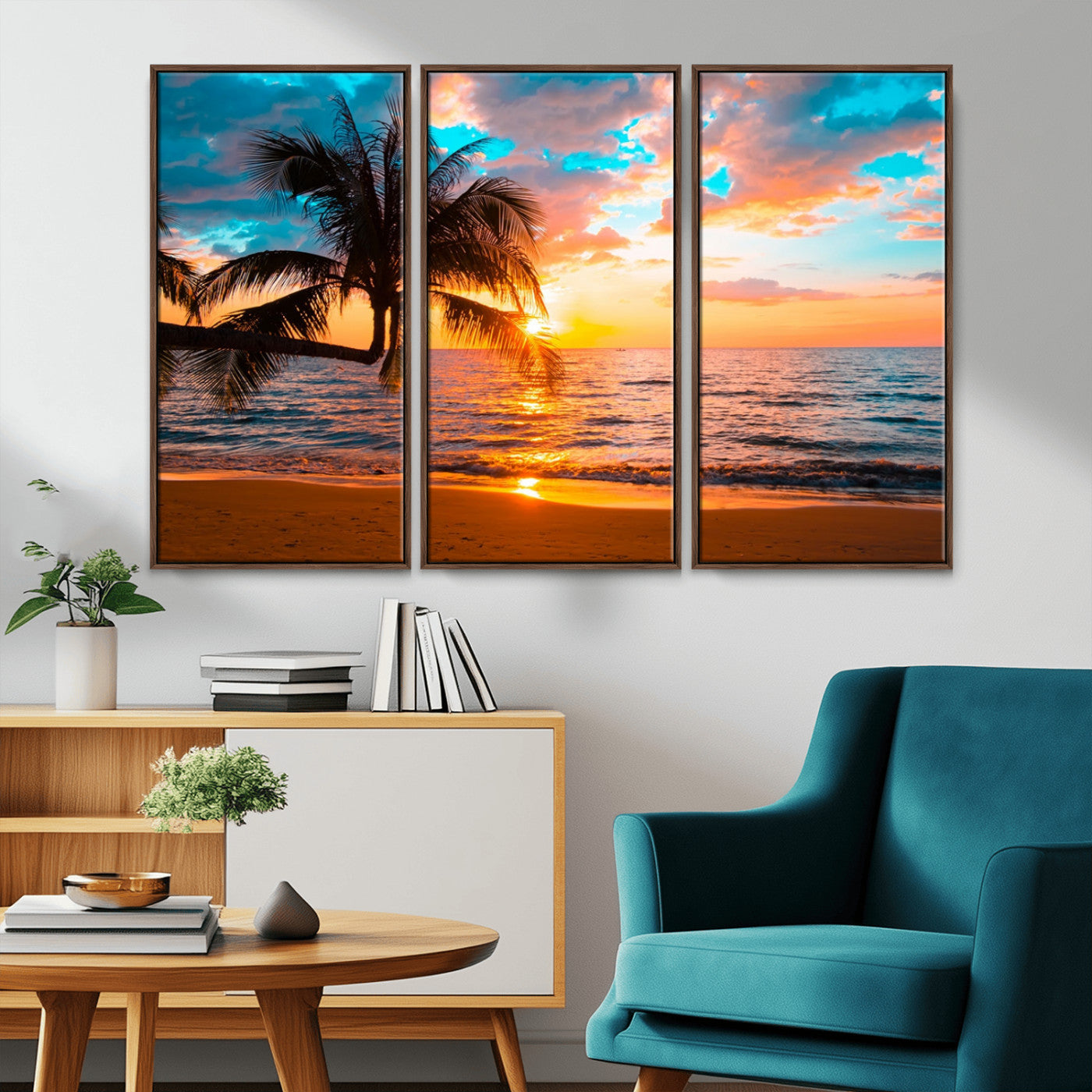 -Palm Tree Sunset On The Beach Wall Art Canvas, Framed Palm Tree Sunset Canvas Print