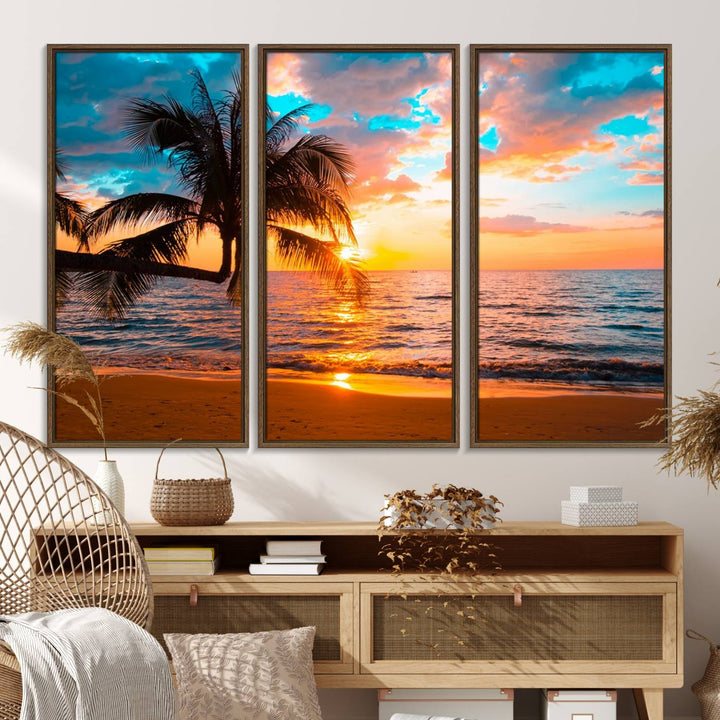 The Palm Tree Sunset On The Beach ready-to-hang canvas wall art—museum quality—brings a serene atmosphere to the room.