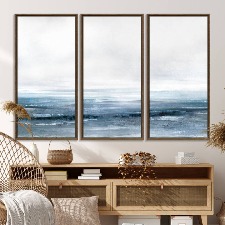 The dining area features Blue Ocean Abstract Artwork on canvas.