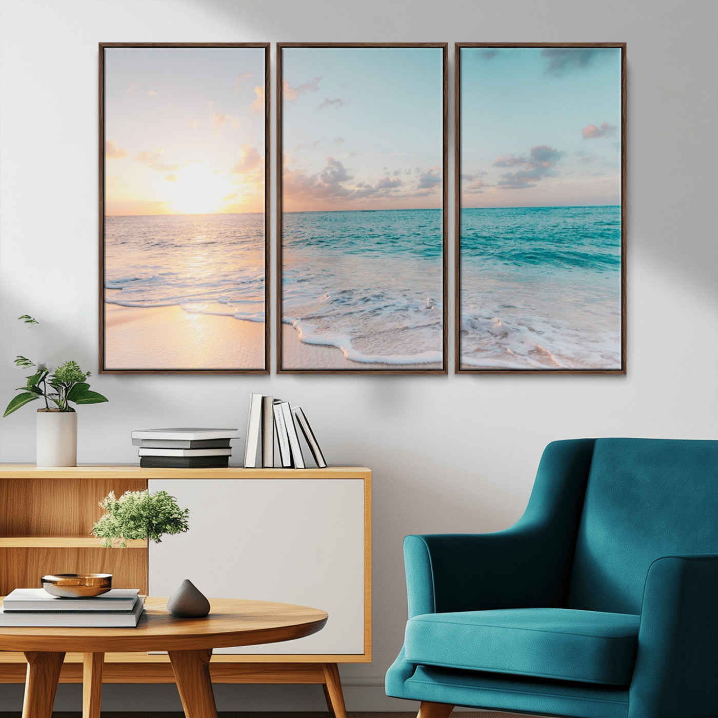MGV-FC-48X32-3P - Tranquil Ocean Beach Sunset Canvas Wall Art | 3-Panel Coastal Decor