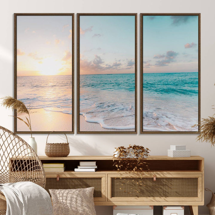 The room features a 3-panel Tranquil Ocean Beach Sunset Canvas Wall Art.