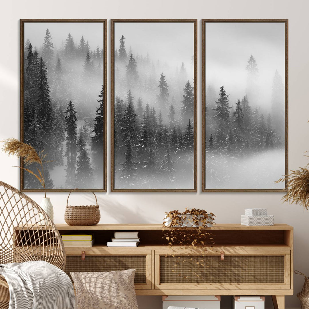 A stunning Foggy Misty Forest Canvas Wall Art adorns the kitchen wall.