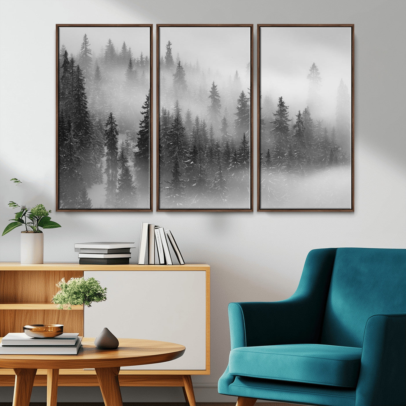 MGV-FC-48X32-3P - Black and White Forest Wall Art Print – Misty Pine Tree Canvas Print – Winter Woodland Nature Artwork – Perfect for Minimalist Home Decor