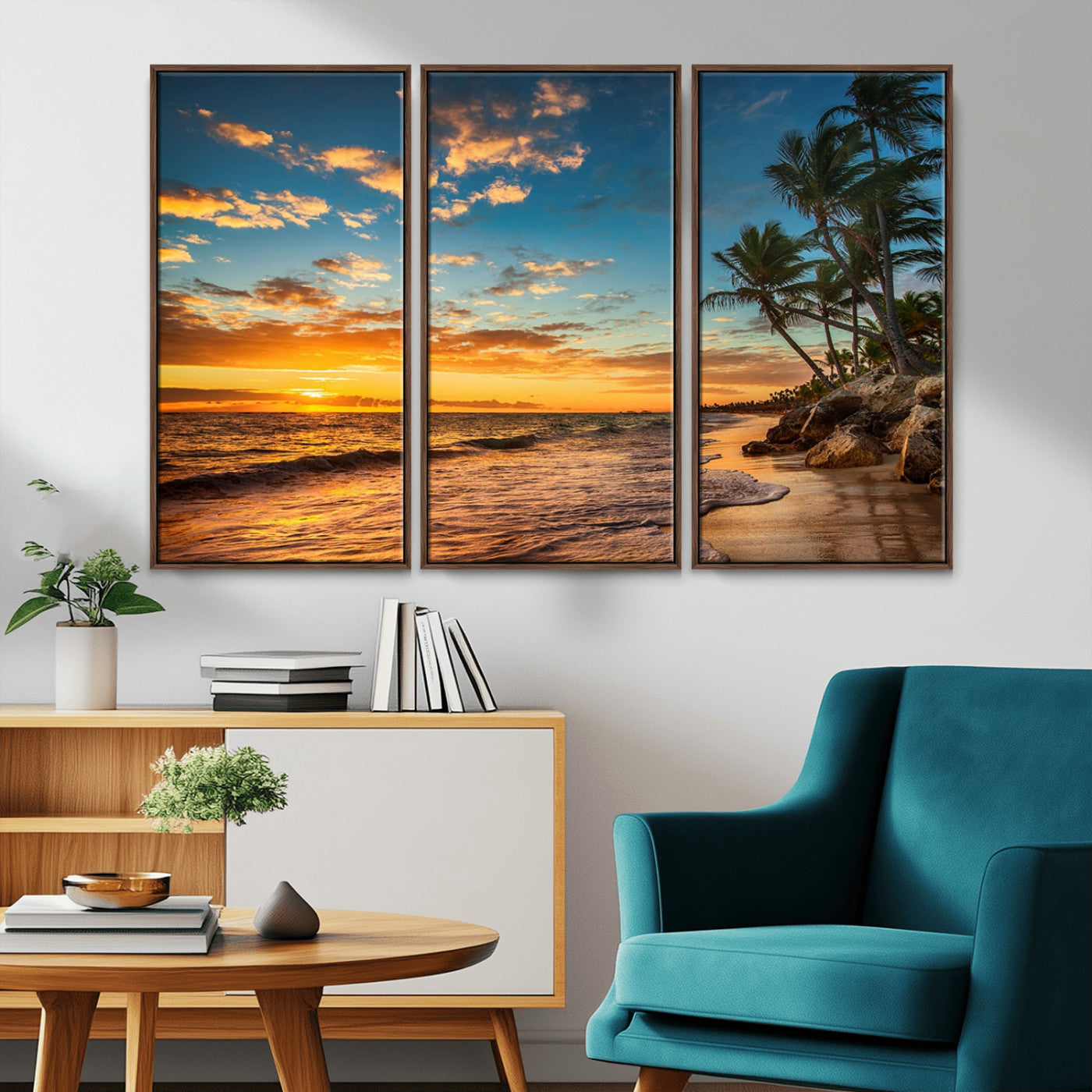 MGV-FC-48X32-3P - Tropical Beach Sunset Wall Art Print – Palm Tree Coastal Canvas Print – Ocean Seascape Artwork – Perfect for Tropical Modern Home Decor