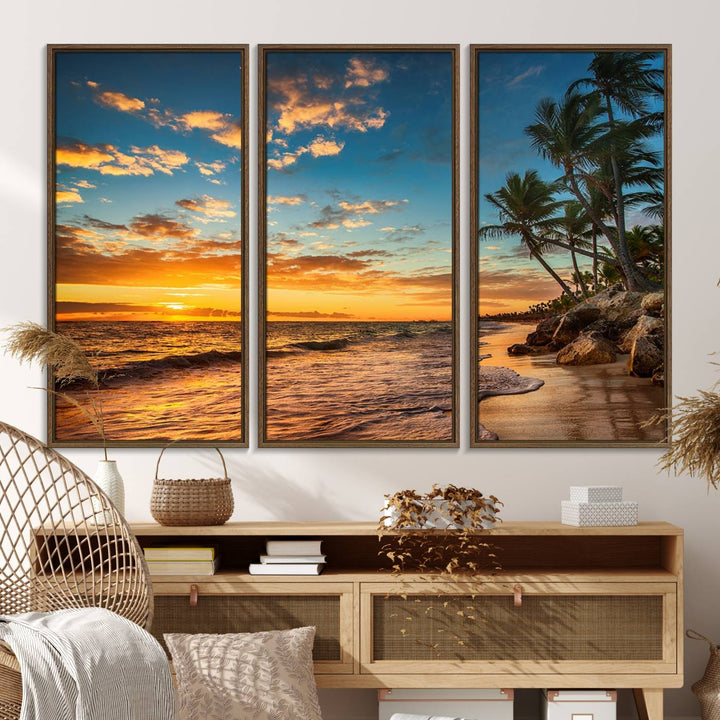 A stunning beach sunset on a museum-quality Sunset Wall Art Canvas Print adorns the kitchen wall.