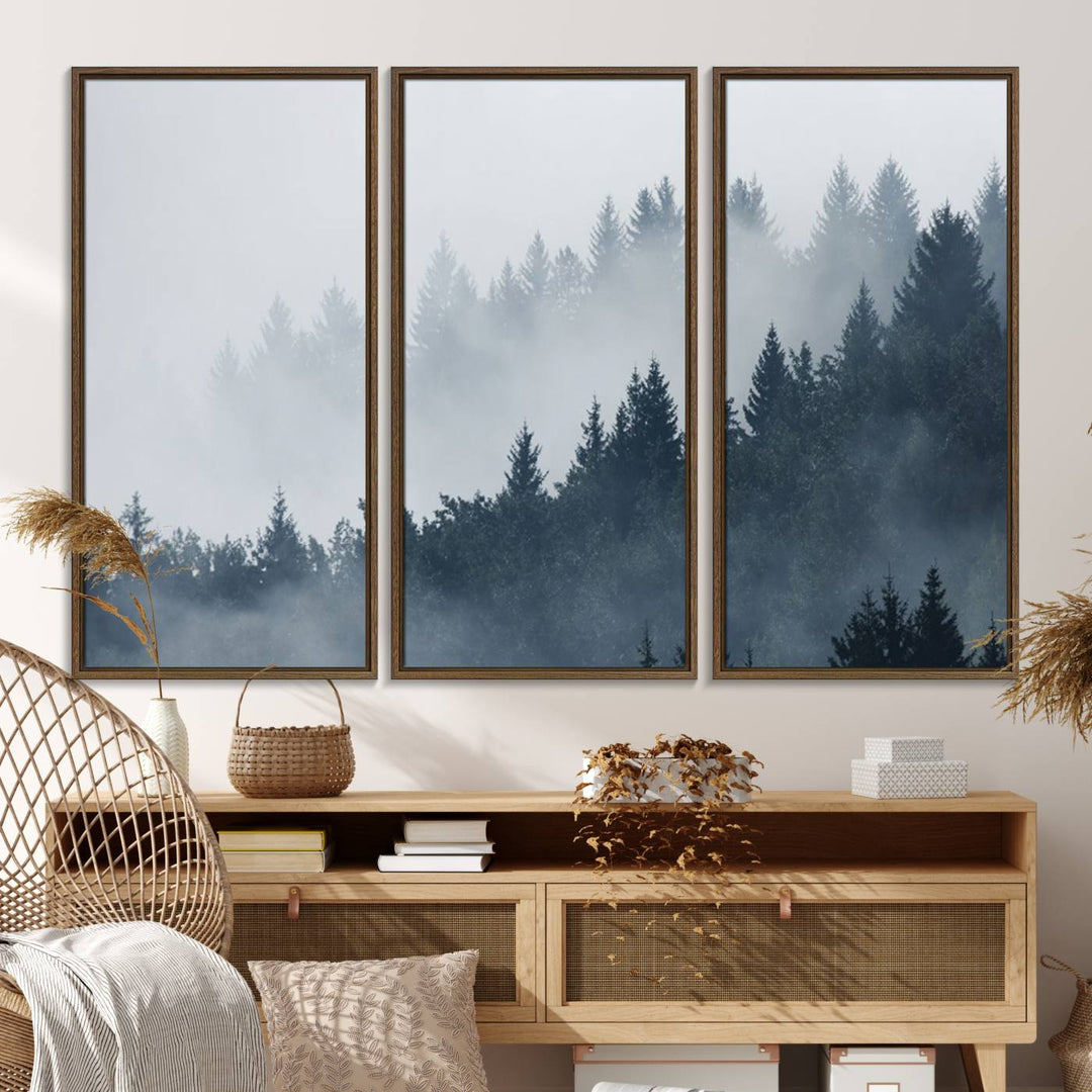 A large Foggy Pine Forest Wall Art Canvas Print.