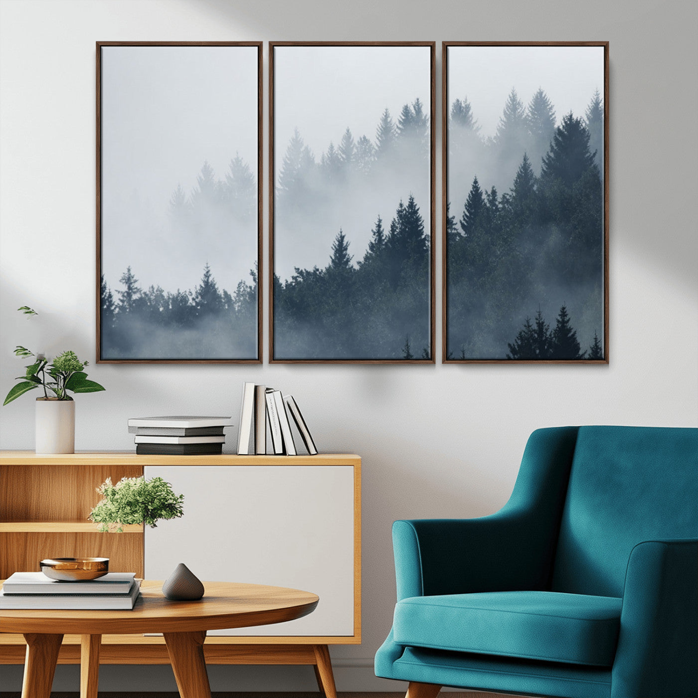 MGV-FC-48X32-3P - Misty Forest Wall Art Print – Foggy Pine Tree Canvas Print – Dark Woodland Nature Artwork – Perfect for Minimalist and Modern Home Decor