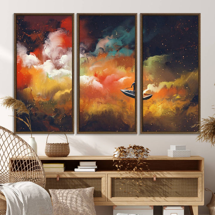 Surreal Space Adventure Canvas Wall Art features a person in a boat.