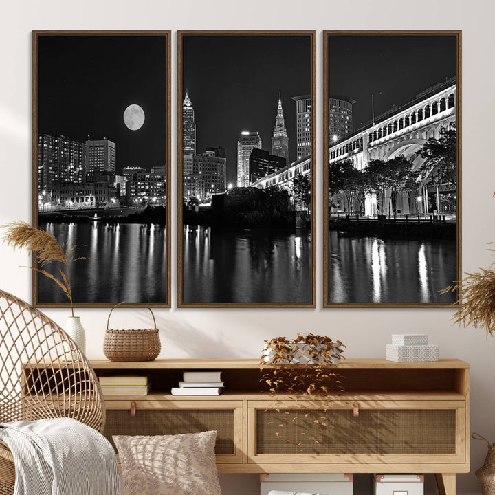 Cleveland Night Skyline Canvas Print: A museum-quality piece, ready to hang, featuring a stunning full moon and its reflections below.