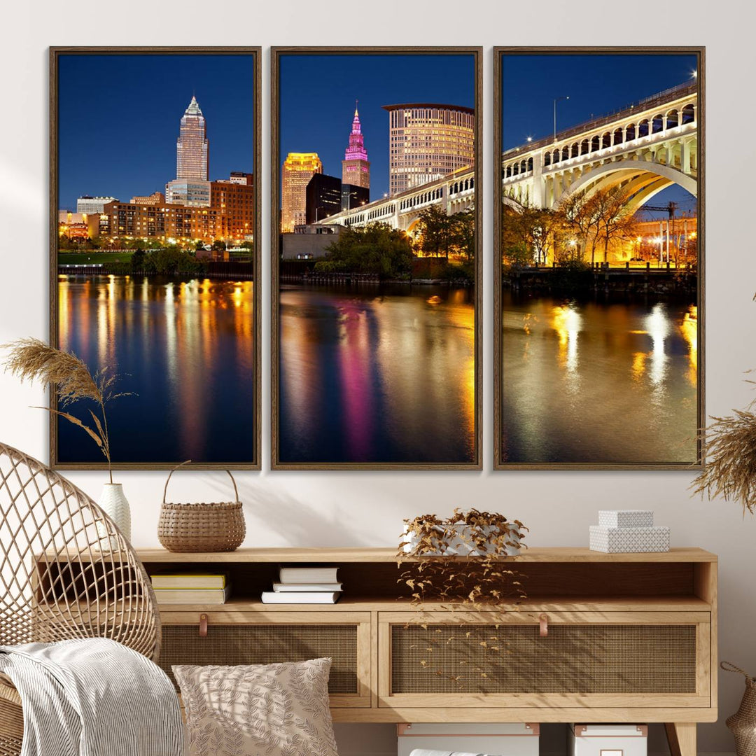 Cleveland Night Skyline Canvas: Cityscape with an illuminated bridge reflecting on calm water.