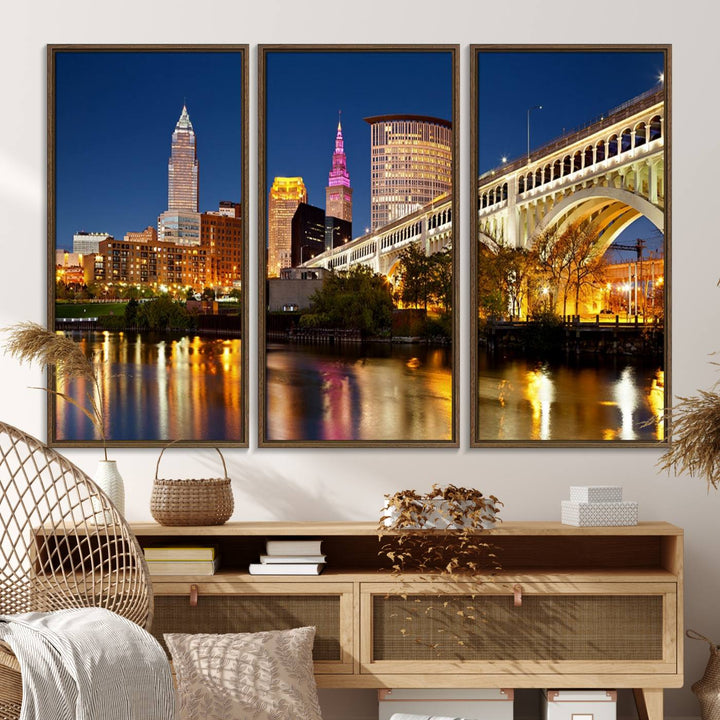 The Cleveland City Lights Canvas showcases a lit-up bridge and cityscape at night.